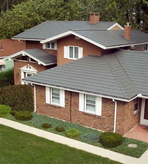 charcoal grey metal roof on brick house|black roof for red brick house.